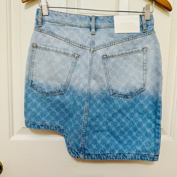 DAILY PAPER ZELA MONOGRAM ASYMMETRICAL MID BLUE OMBRE MINI DENIM JEAN SKIRT - Picture 2 of 6